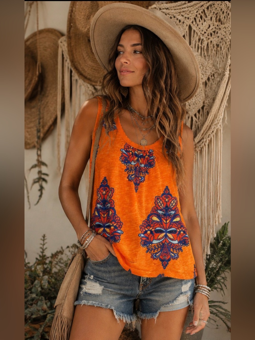 Akemi + Kin Anthropologie Orange Floral Boho Tie Back Tank XS